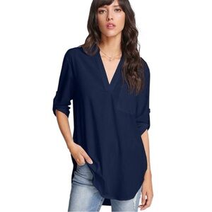 SHEIN Curve Solid Pocket Curved Hem Blouse V Neck Navy Blue 2XL 3 3/4 Sleeve